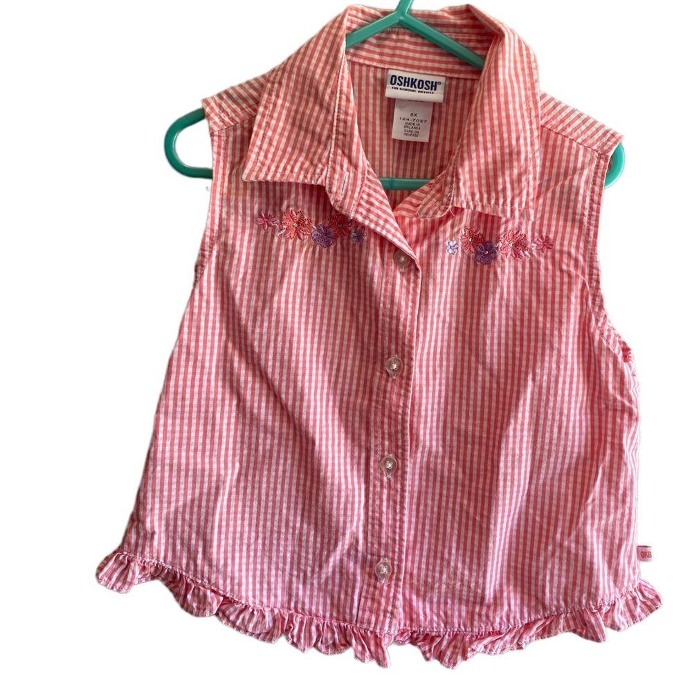 Vintage Oshkosh The Genuine Article Girls Sleeveless Pink Gingham Blouse Shirt